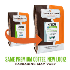 Fresh Roasted Coffee bag label detail showing certification and testing info