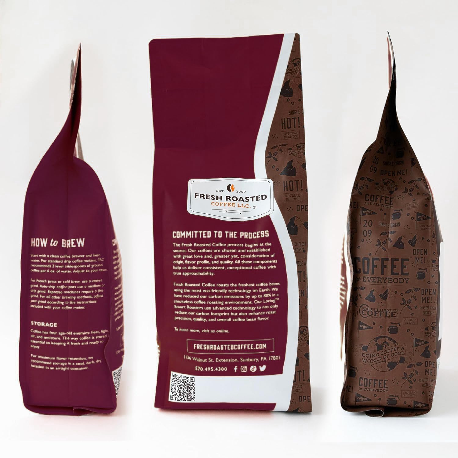 Fresh Roasted Coffee bag beside a kitchen scale showing 2 lb size for household supply