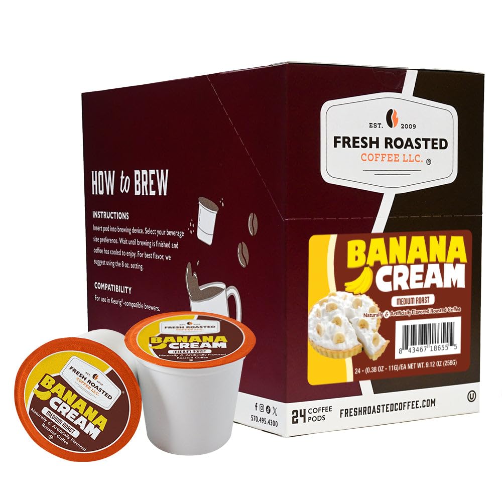 Fresh Roasted Coffee front packaging showing banana cream flavor and 24 count convenience