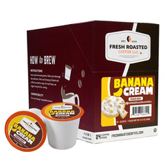 Fresh Roasted Coffee front packaging showing banana cream flavor and 24 count convenience