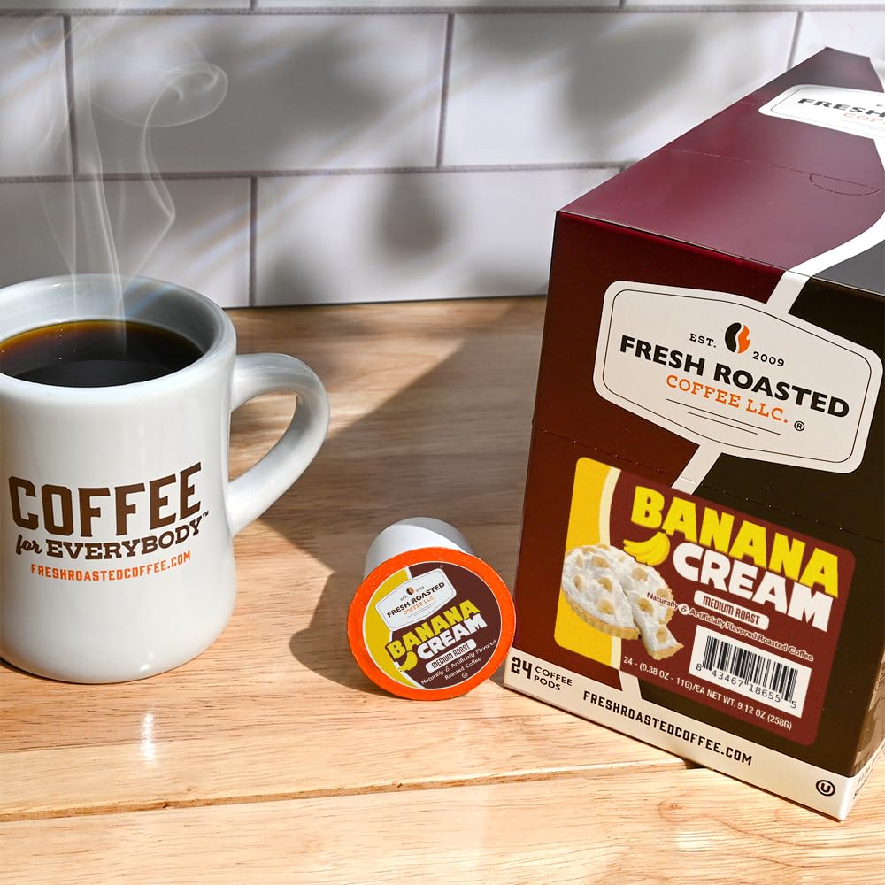 Close-up of a Fresh Roasted Coffee K-Cup pod displaying lid detail and easy brewing benefit