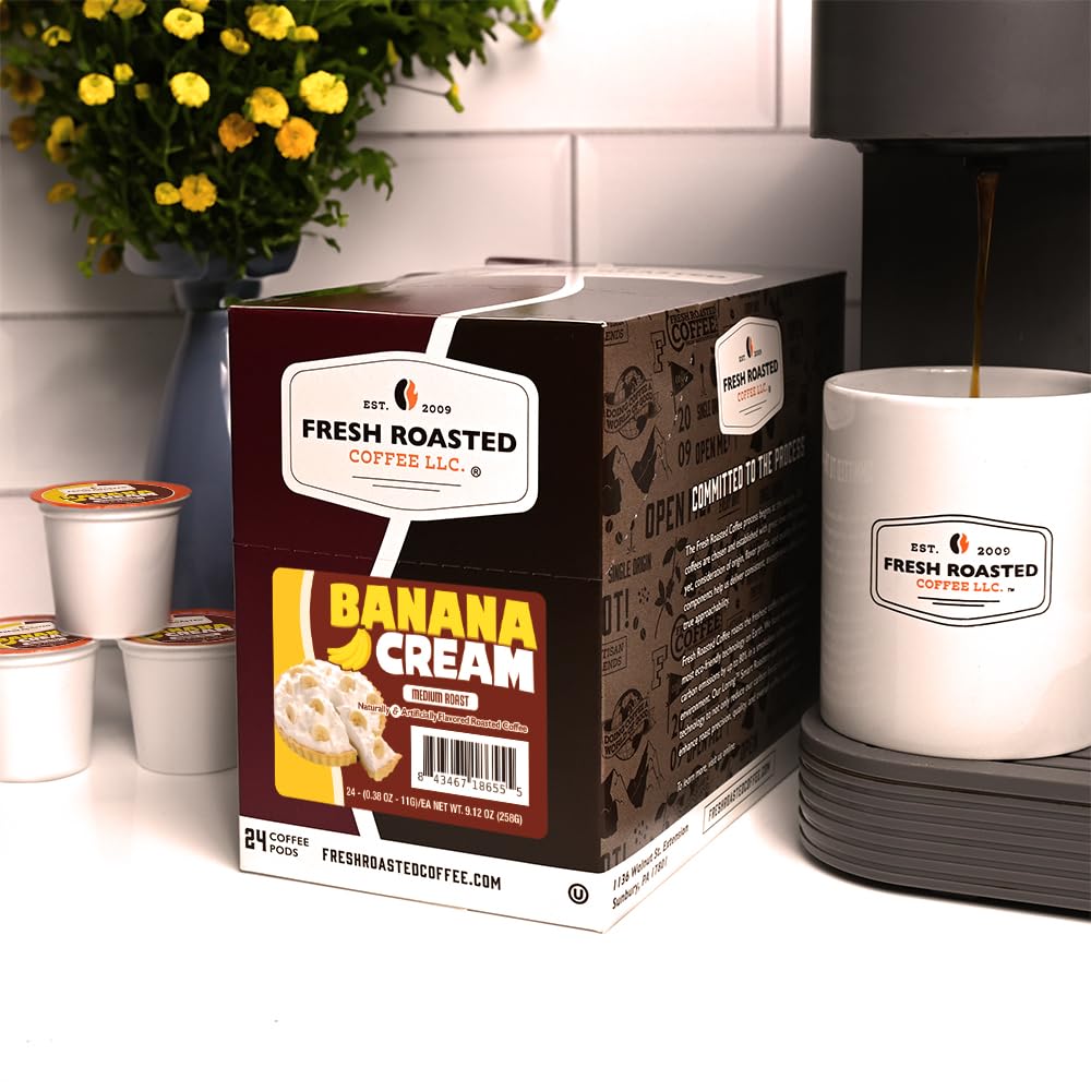 Fresh Roasted Coffee pouring into a mug illustrating creamy banana vanilla flavor enjoyment