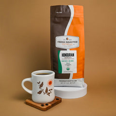 Fresh Roasted Coffee beans on spoon with scale showing 2 lb portioning benefit