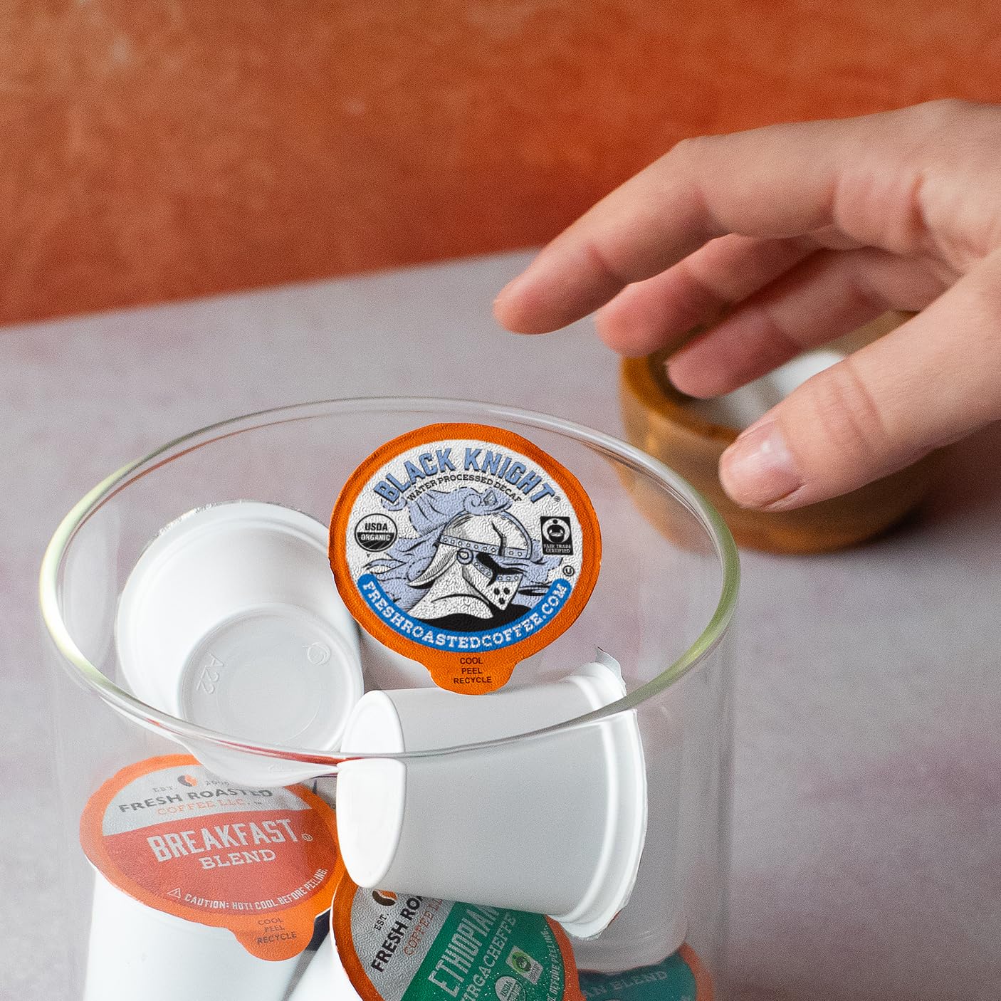 Fresh Roasted Coffee pod label showing nitrogen-flush information for prolonged freshness benefit