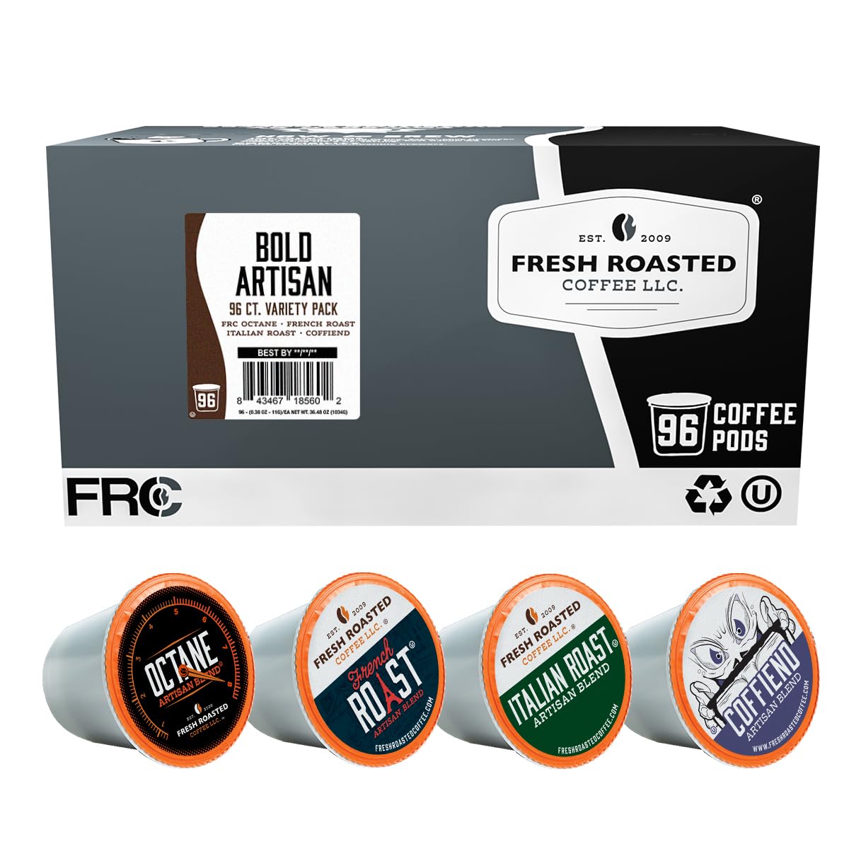 Fresh Roasted Coffee front packaging showing 96-count bold artisan blend for convenience