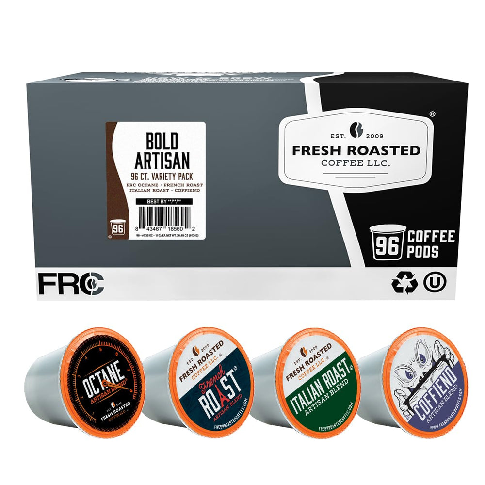 Fresh Roasted Coffee front packaging showing 96-count bold artisan blend for convenience