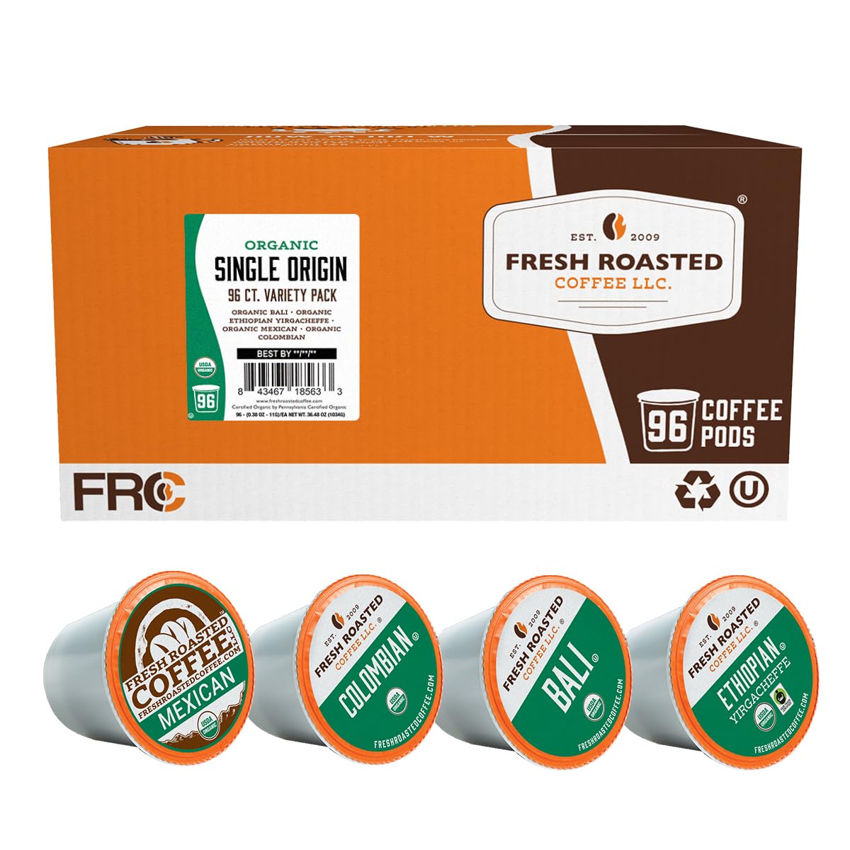 Fresh Roasted Coffee box front showing 96-count pack and organic badge benefit convenience