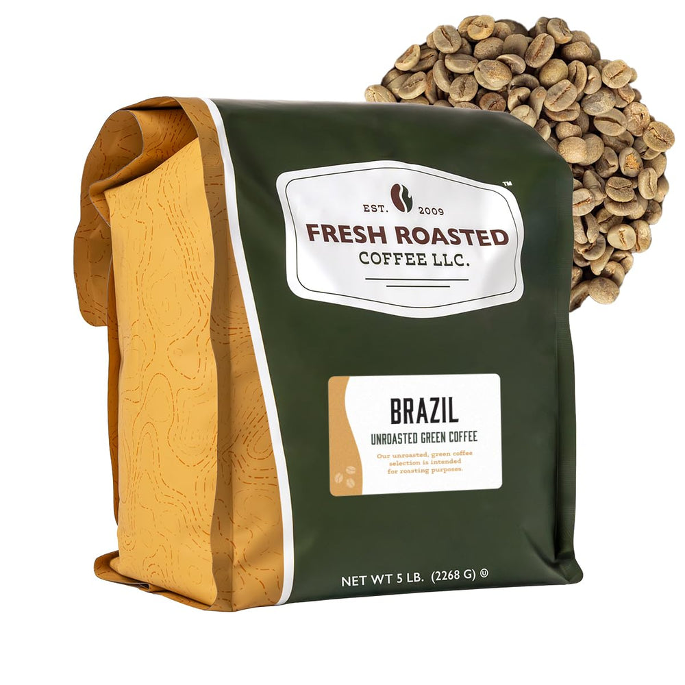 Fresh Roasted Coffee front packaging showing 5 lb bag and clear branding benefits