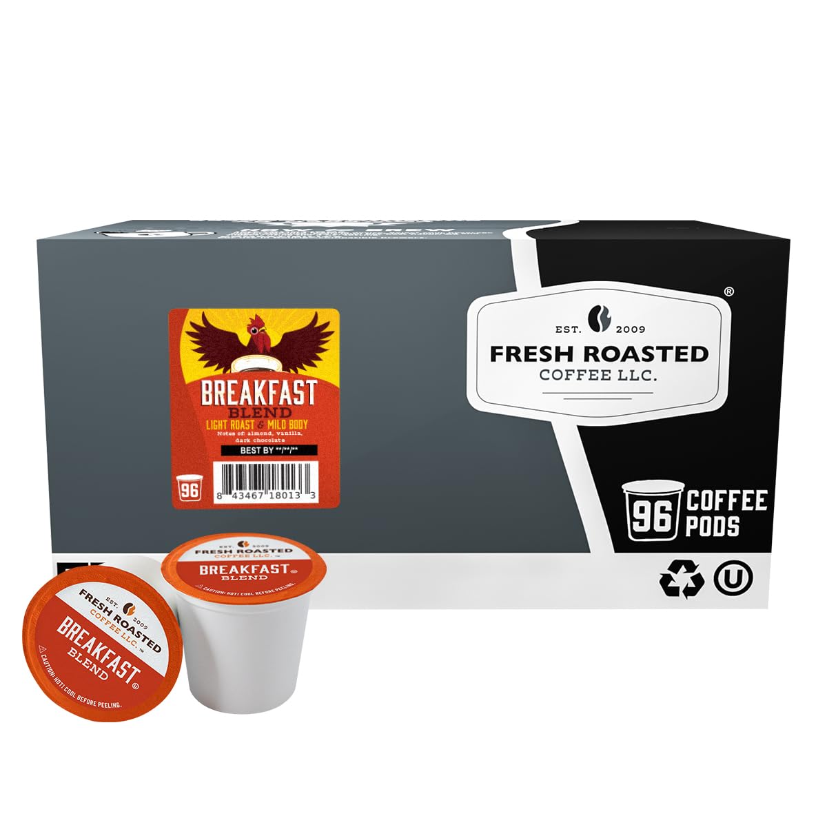 Fresh Roasted Coffee front box view showing branding and 96-count benefit