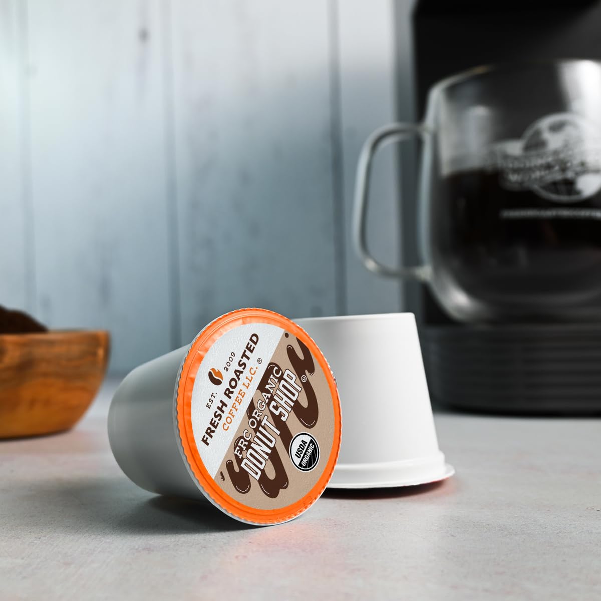 Fresh Roasted Coffee brewed cup in kitchen setting showing donut-shop style appeal