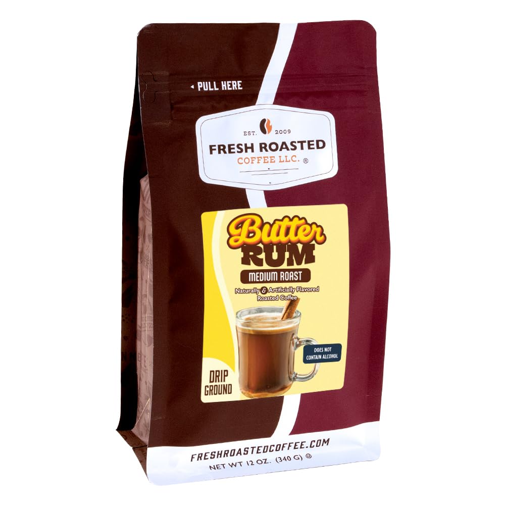 Fresh Roasted Coffee front packaging showing butter rum flavor benefits