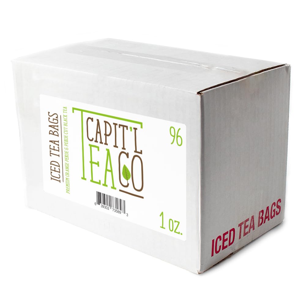 Fresh Roasted Coffee Capit'l T front packaging showing 96 gallon tea bags and benefits