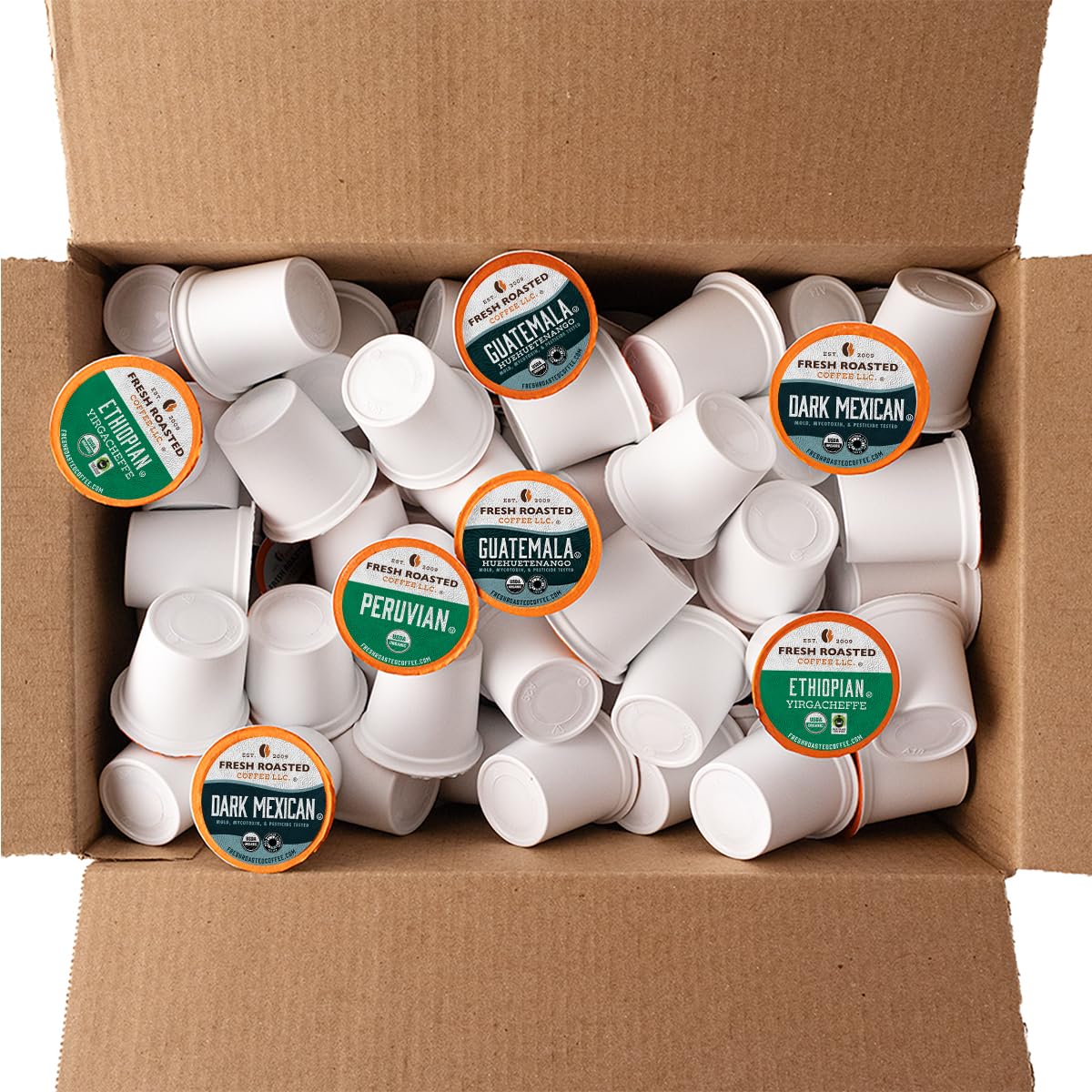 Fresh Roasted Coffee certification labels including USDA Organic and OU Kosher for trust