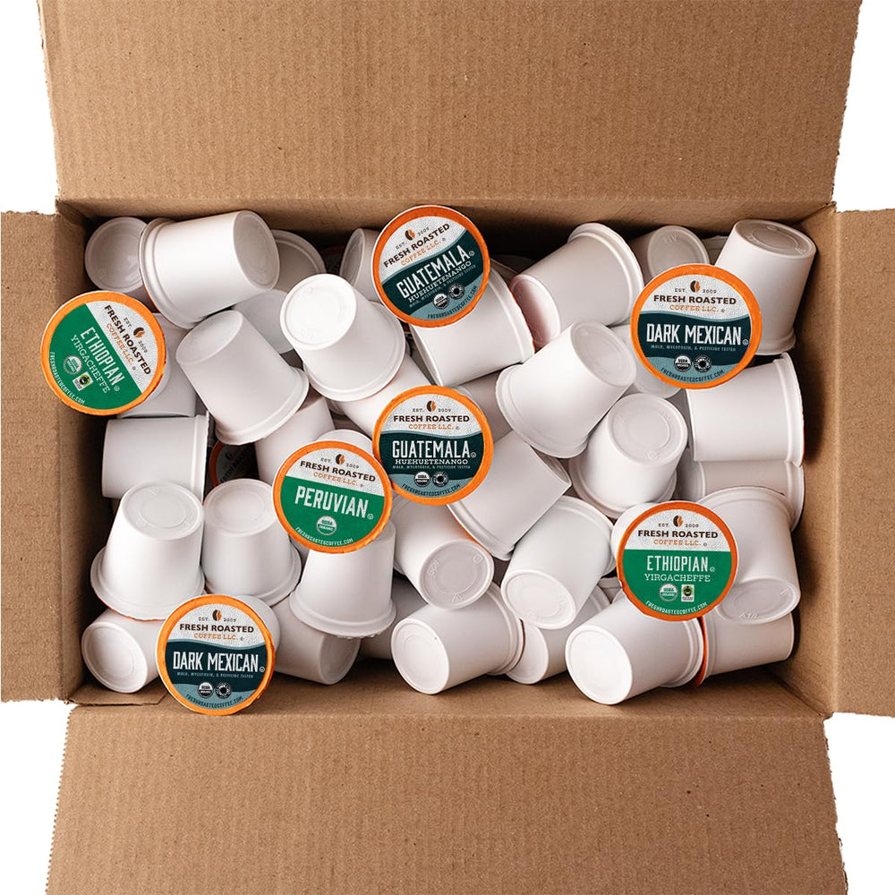 Fresh Roasted Coffee certification labels including USDA Organic and OU Kosher for trust