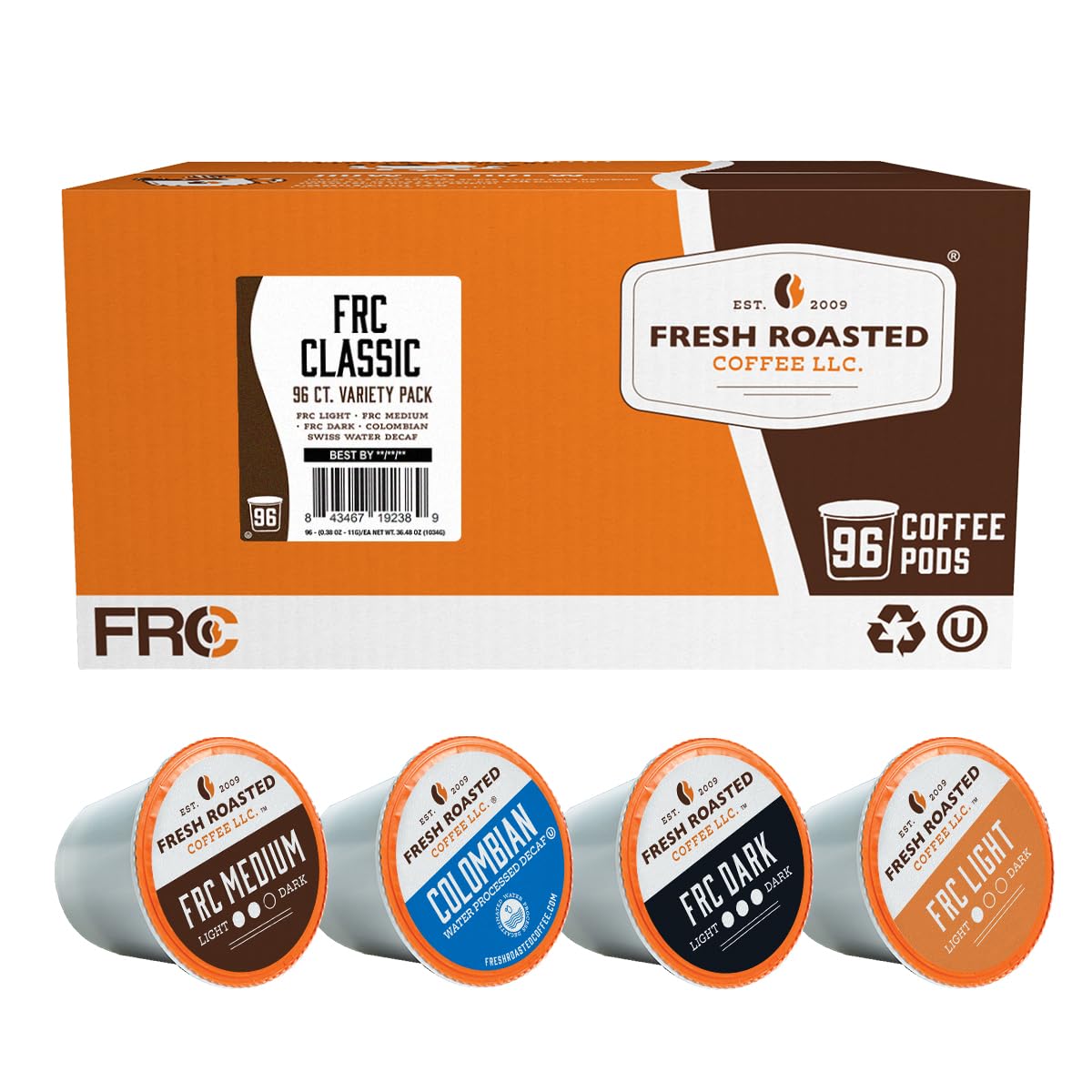 Fresh Roasted Coffee front packaging showing 96-count loose-pack and benefits