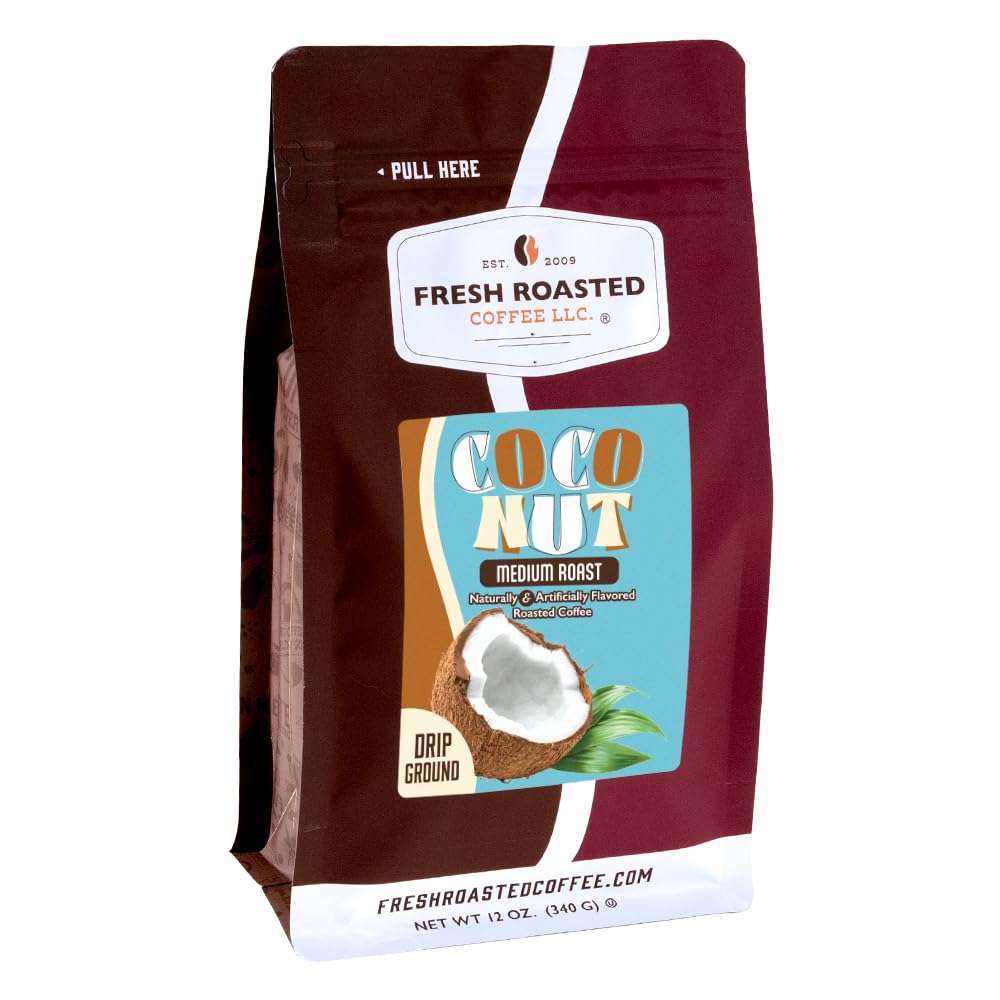 Fresh Roasted Coffee front bag view showing coconut medium roast and 12 oz freshness