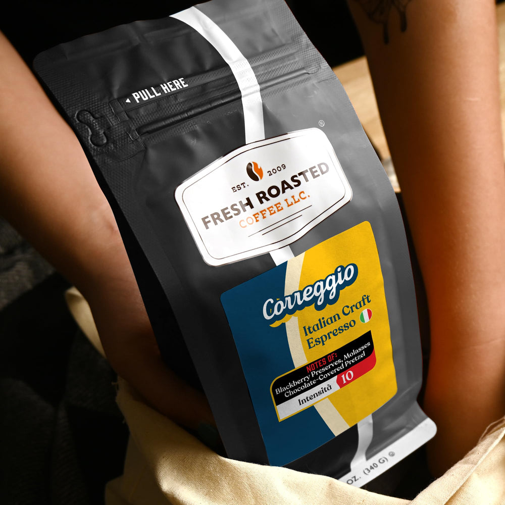 Fresh Roasted Coffee Correggio label detail showing kosher certification and roast