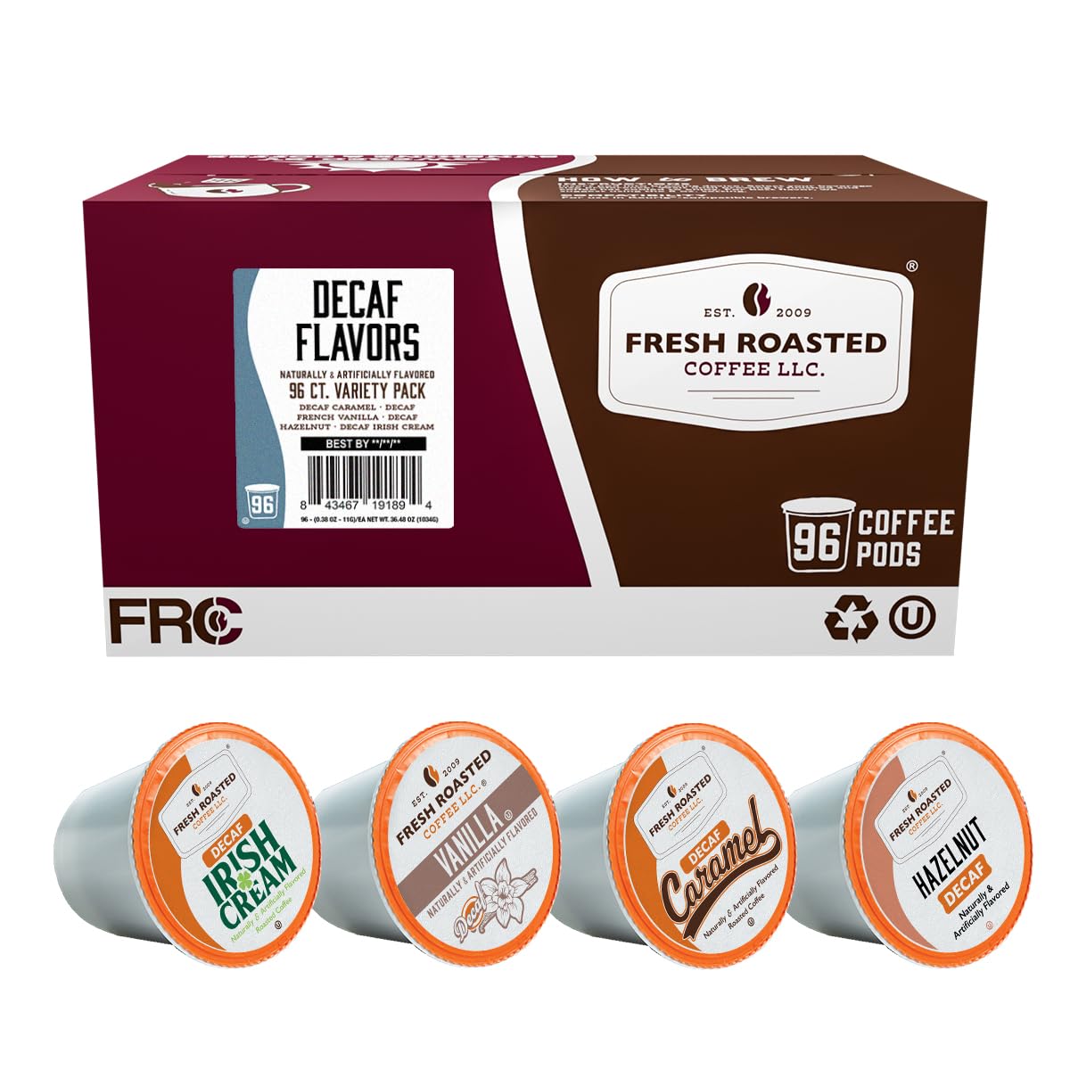 Fresh Roasted Coffee decaf 96-count box showing full packaging and variety benefit