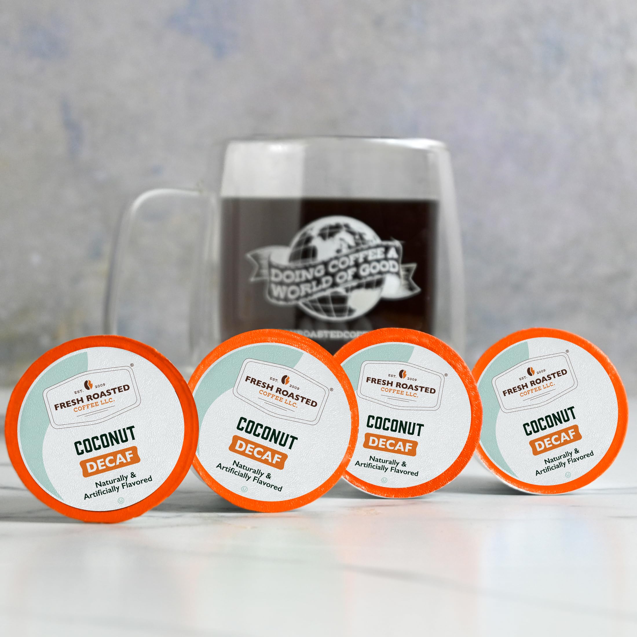 Fresh Roasted Coffee brewed cup with coconut aroma visible, highlighting flavored decaf enjoyment