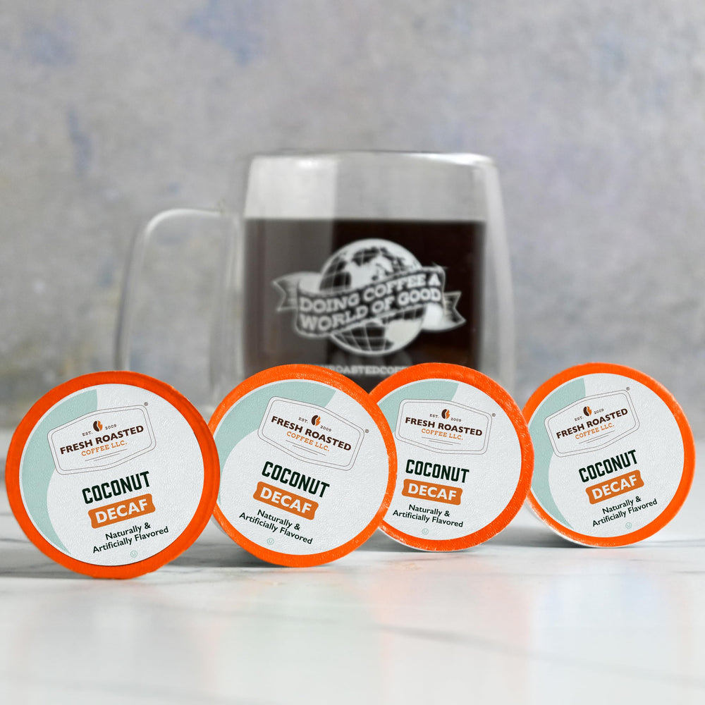 Fresh Roasted Coffee brewed cup with coconut aroma visible, highlighting flavored decaf enjoyment