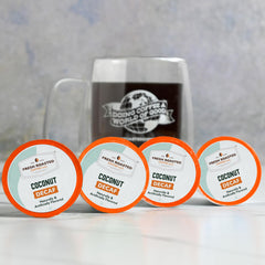 Fresh Roasted Coffee brewed cup with coconut aroma visible, highlighting flavored decaf enjoyment