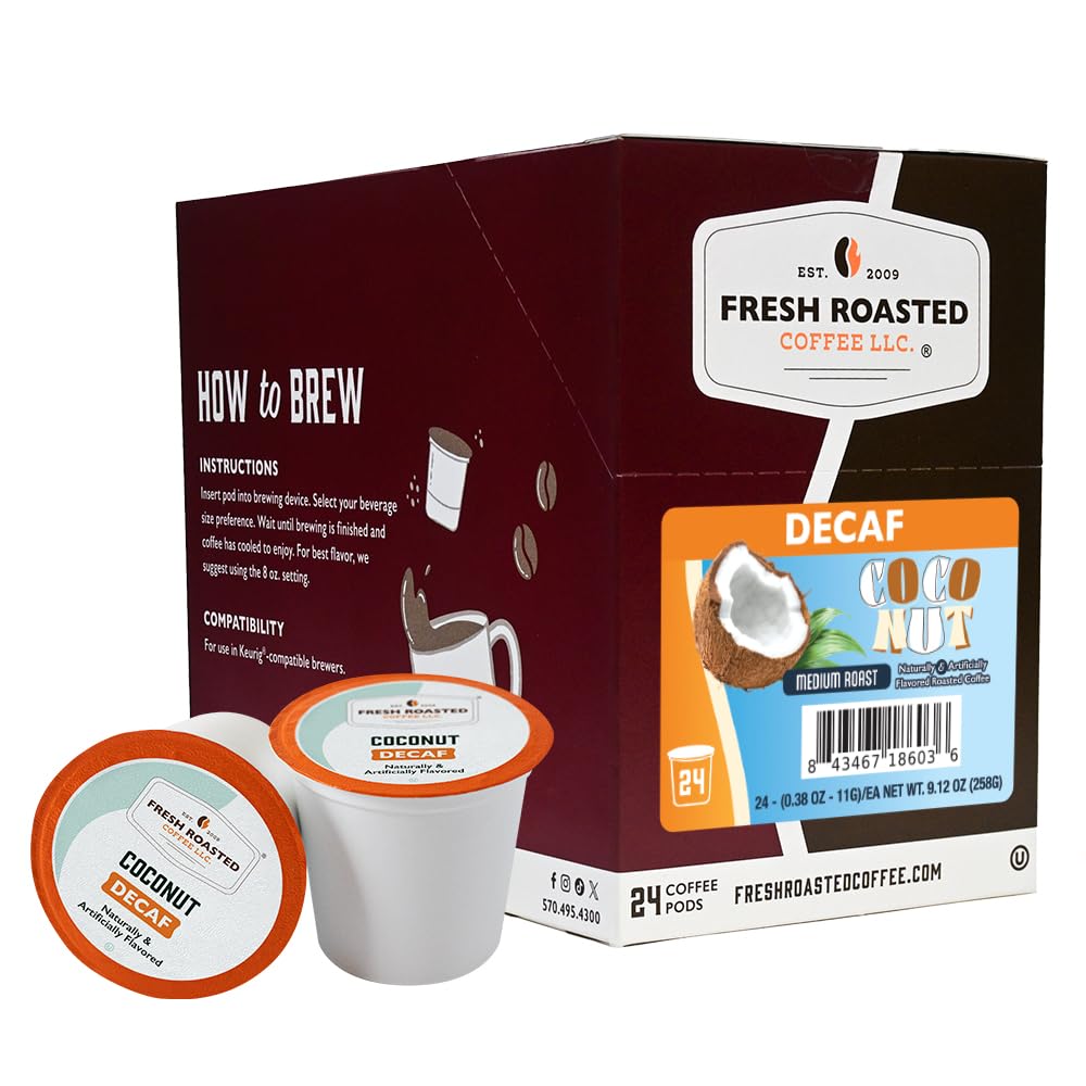 Fresh Roasted Coffee front packaging showing 24-count decaf coconut pods and benefit of convenience