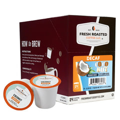 Fresh Roasted Coffee front packaging showing 24-count decaf coconut pods and benefit of convenience