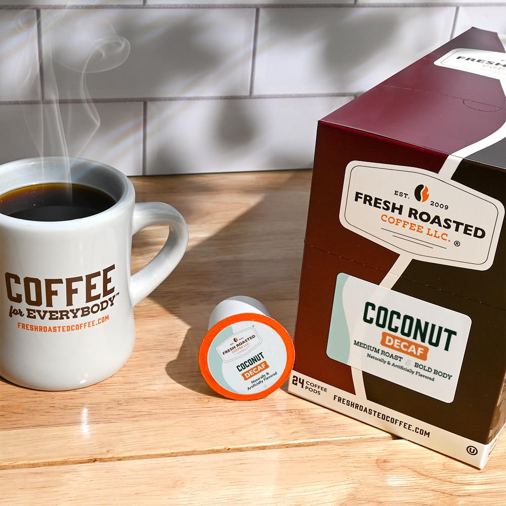 Fresh Roasted Coffee pod in hand demonstrating pod size and easy single-serve brewing convenience