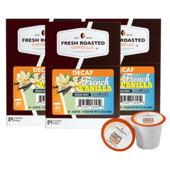 Fresh Roasted Coffee front packaging showing decaf French Vanilla pods and benefits