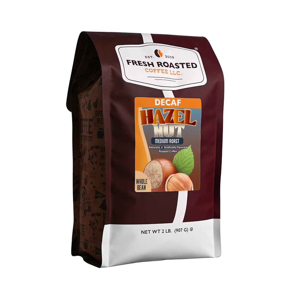 Fresh Roasted Coffee front packaging showing 2 lb decaf hazelnut bag and branding benefits