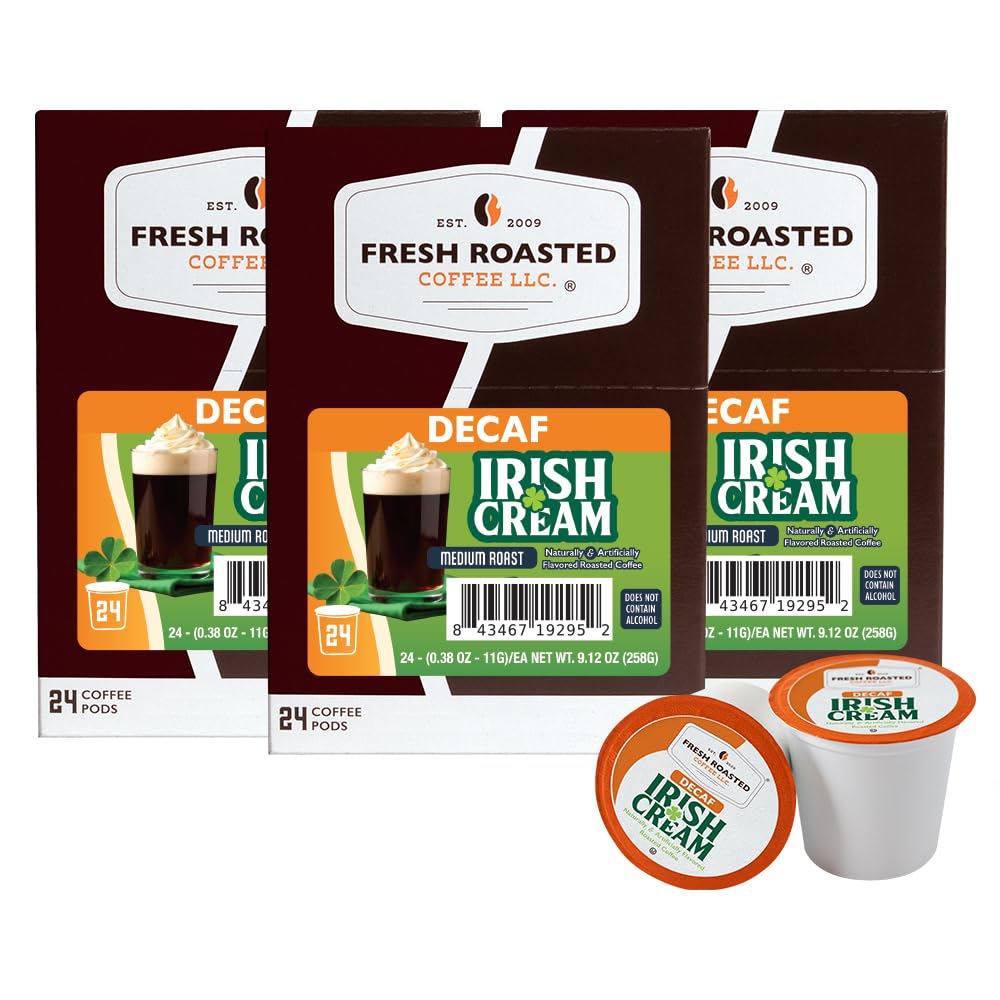 Fresh Roasted Coffee front packaging showing Irish Cream decaf and 24 count benefit