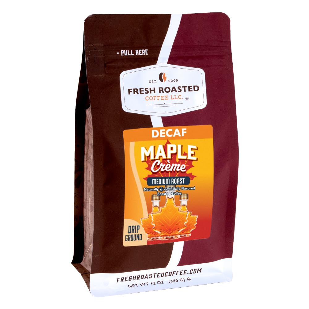 Fresh Roasted Coffee front packaging showing decaf maple crème and benefit of flavorful decaf