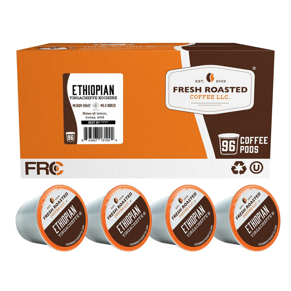 Fresh Roasted Coffee front packaging showing 96-count convenience and origin clarity