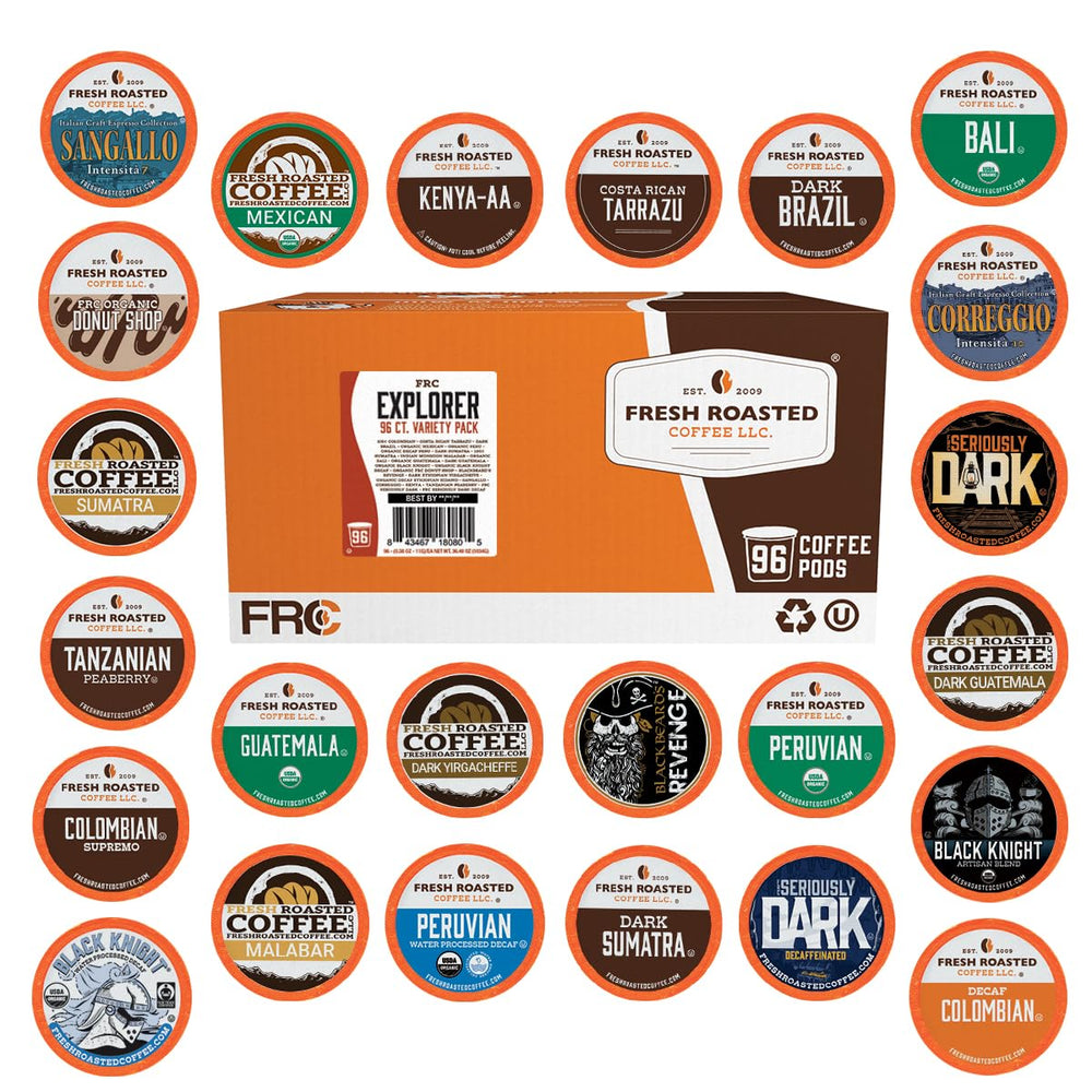Fresh Roasted Coffee front packaging showing variety pack and benefits