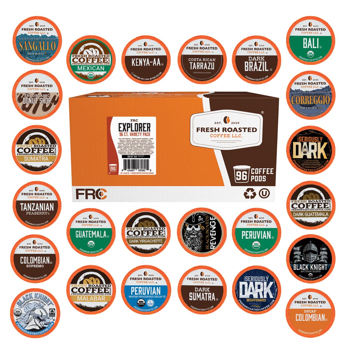 Fresh Roasted Coffee front packaging showing variety pack and benefits