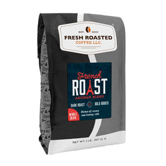 Fresh Roasted Coffee front packaging shows bold dark roast, clear weight