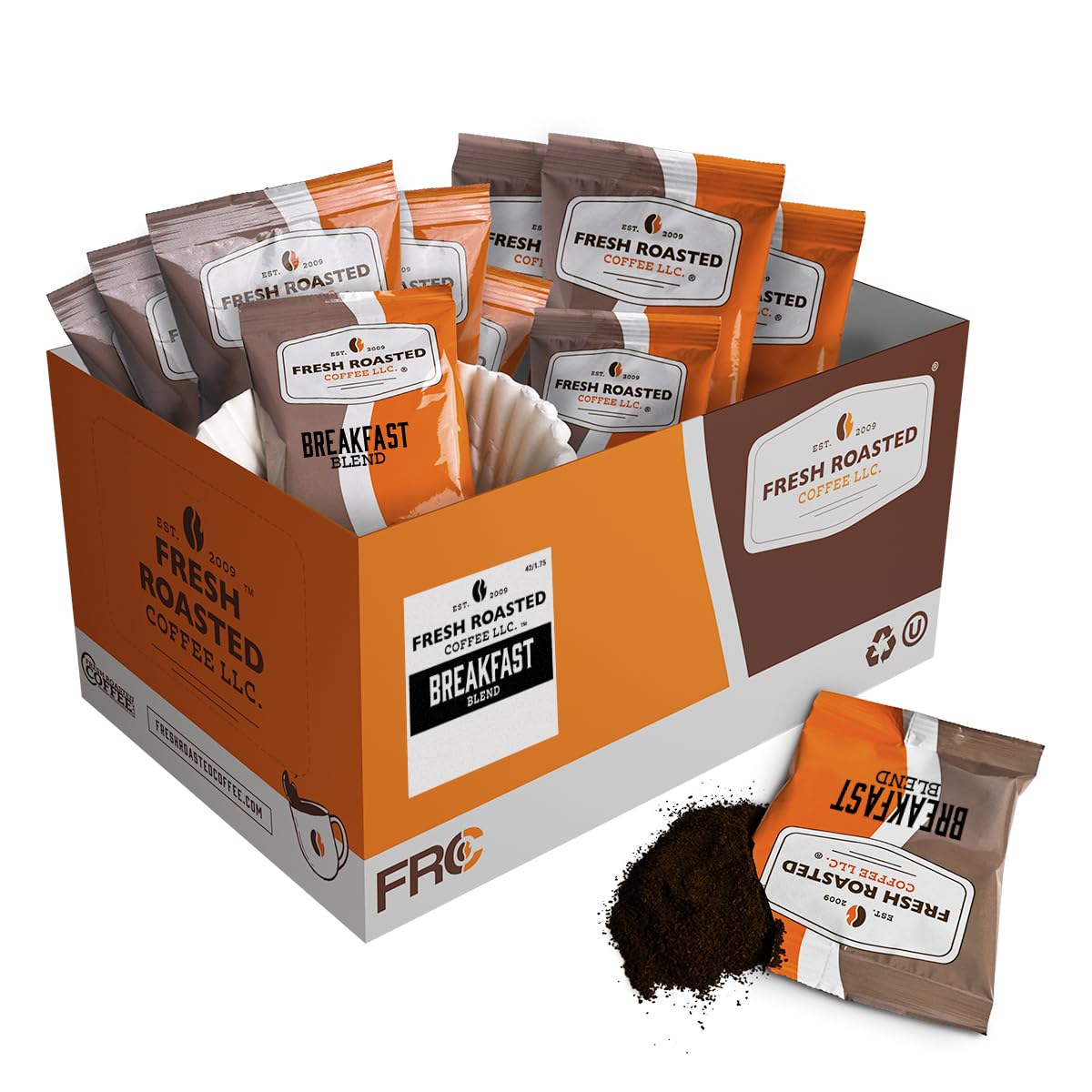 Fresh Roasted Coffee front box showing 42-count pack and branding, easy storage benefit