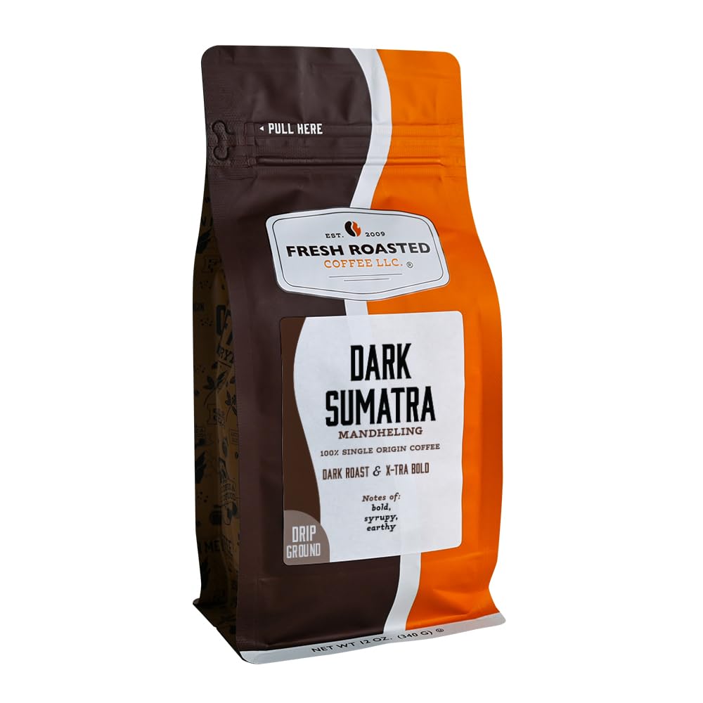 Fresh Roasted Coffee front of bag showing label and kosher seal, ensures authentic single-origin benefit