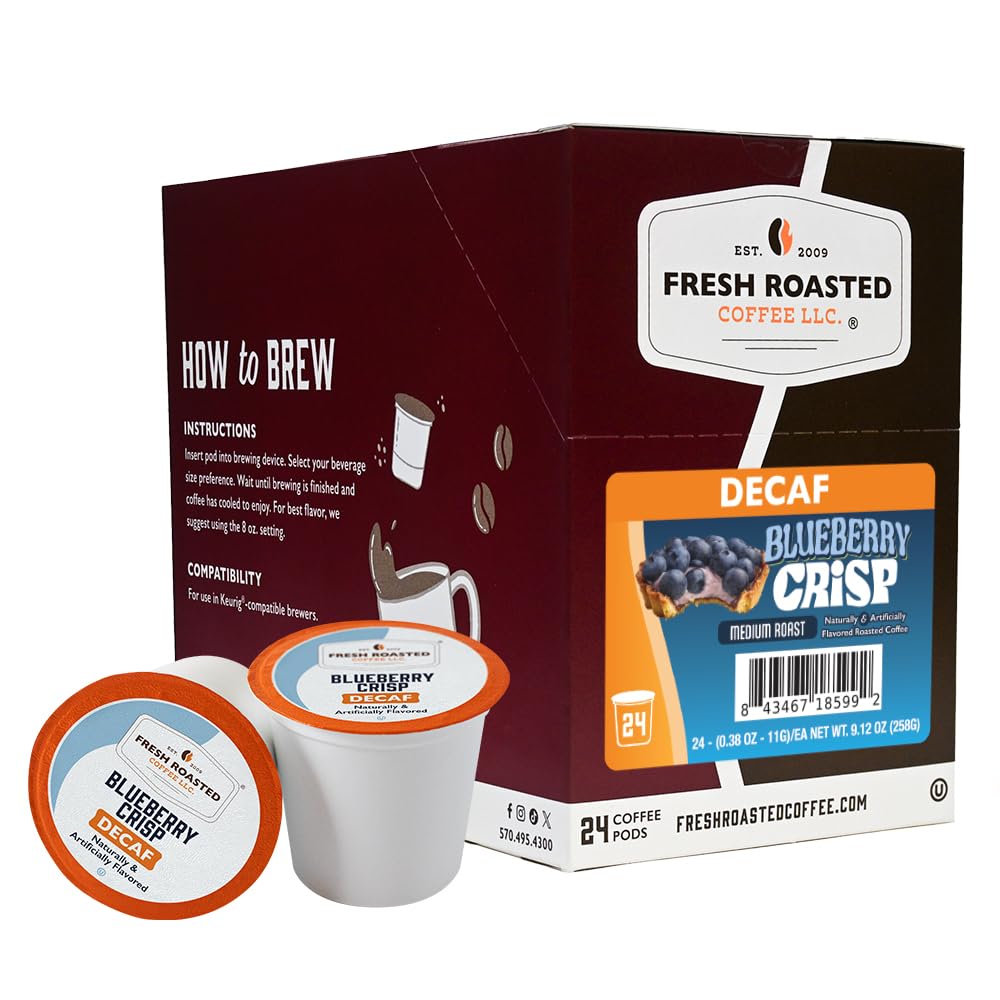 Fresh Roasted Coffee front packaging showing Decaf Blueberry Crisp and kosher badge for clear choice
