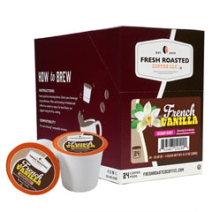 Fresh Roasted Coffee front packaging showing French Vanilla pods and benefits