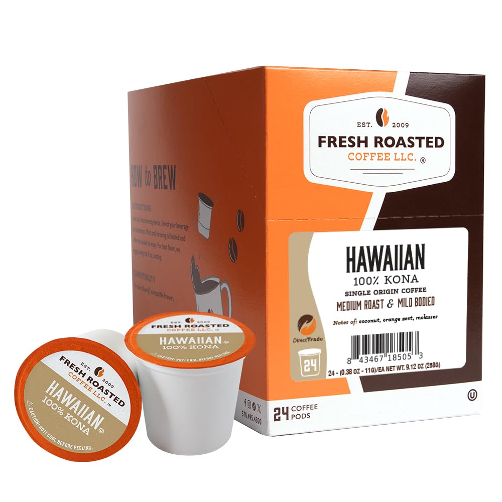 Fresh Roasted Coffee front packaging showing 24 Kona pods and provenance