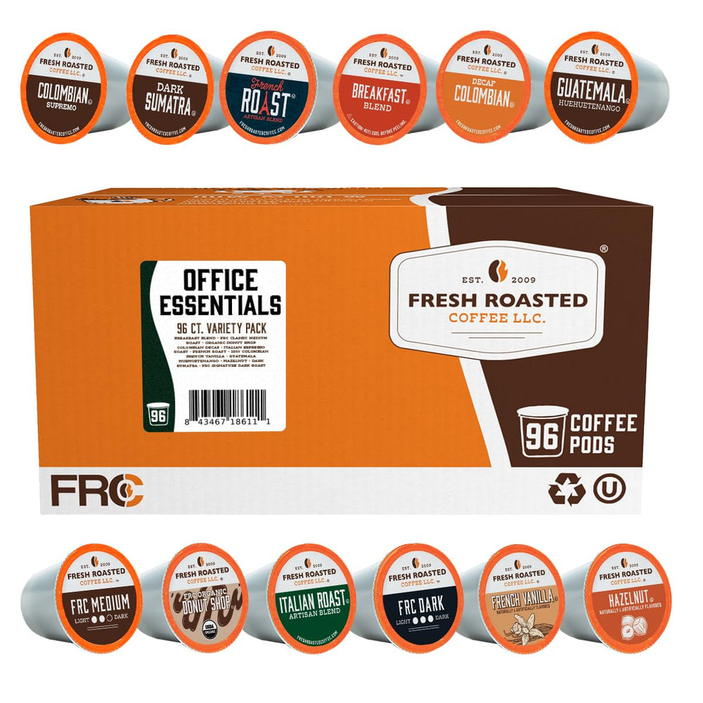 Fresh Roasted Coffee front packaging showing 96-count variety and benefits