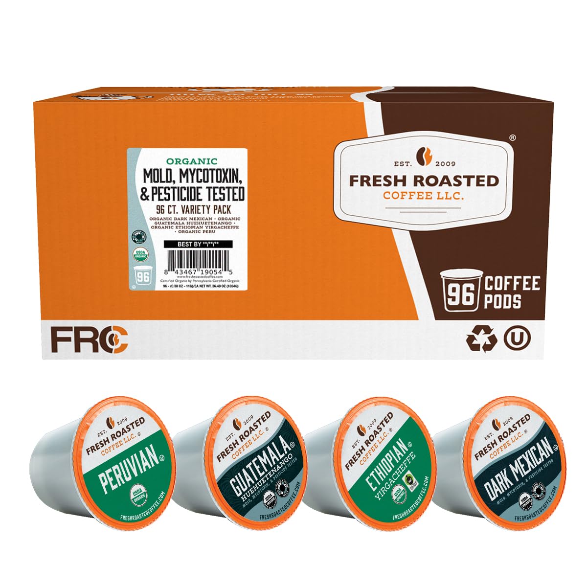 Fresh Roasted Coffee front packaging showing variety pack and organic badge