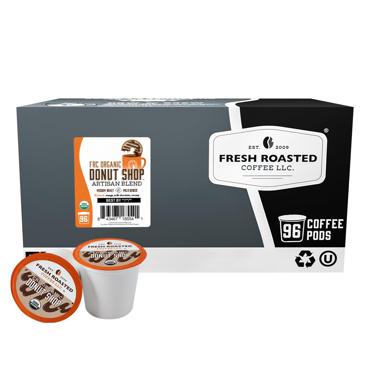 Fresh Roasted Coffee front packaging showing 96-count pack and organic badge for convenience