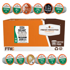 Fresh Roasted Coffee front packaging showing organic variety and count benefit