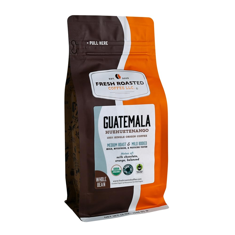 Fresh Roasted Coffee front packaging showing organic label and benefits