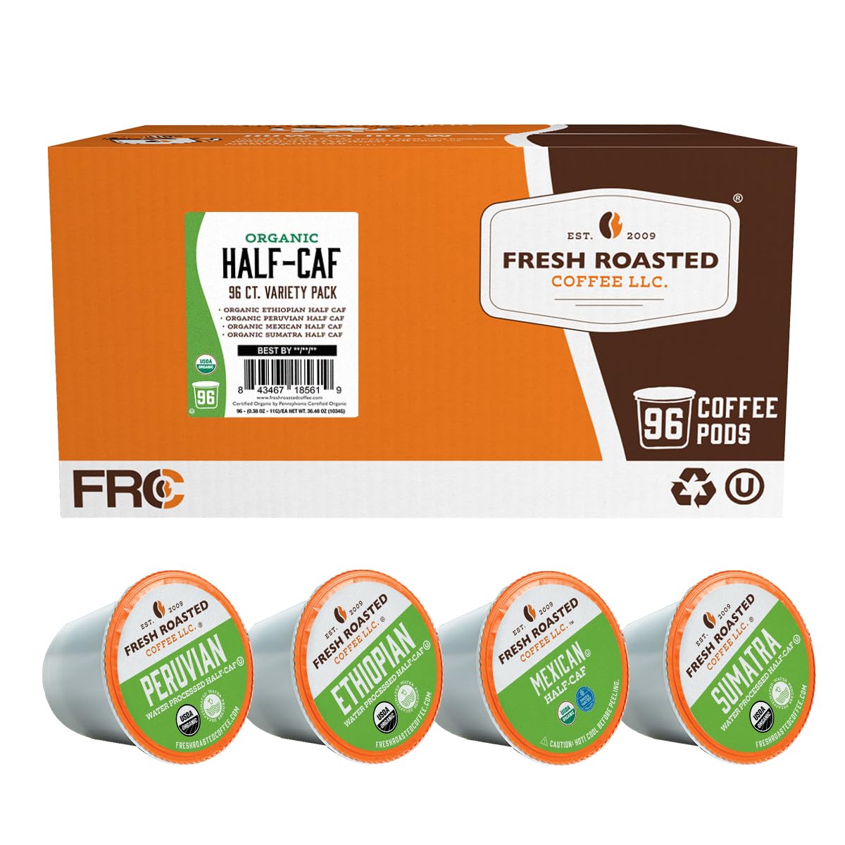 Fresh Roasted Coffee front packaging showing 96-count half-caf variety pack for easy selection