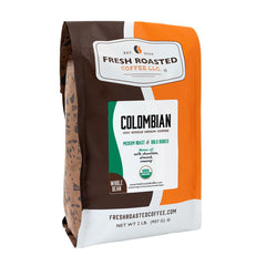Fresh Roasted Coffee front packaging showing 2 lb bag and certifications, convenience benefit