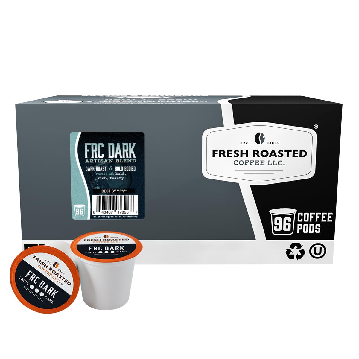 Fresh Roasted Coffee front packaging showing 96-count Kosher dark roast pod pack and branding benefit convenience
