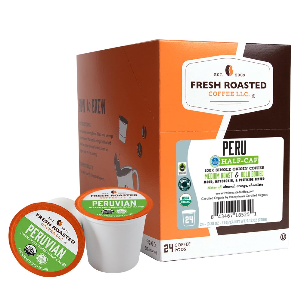 Fresh Roasted Coffee front packaging showing organic and half-caf benefits